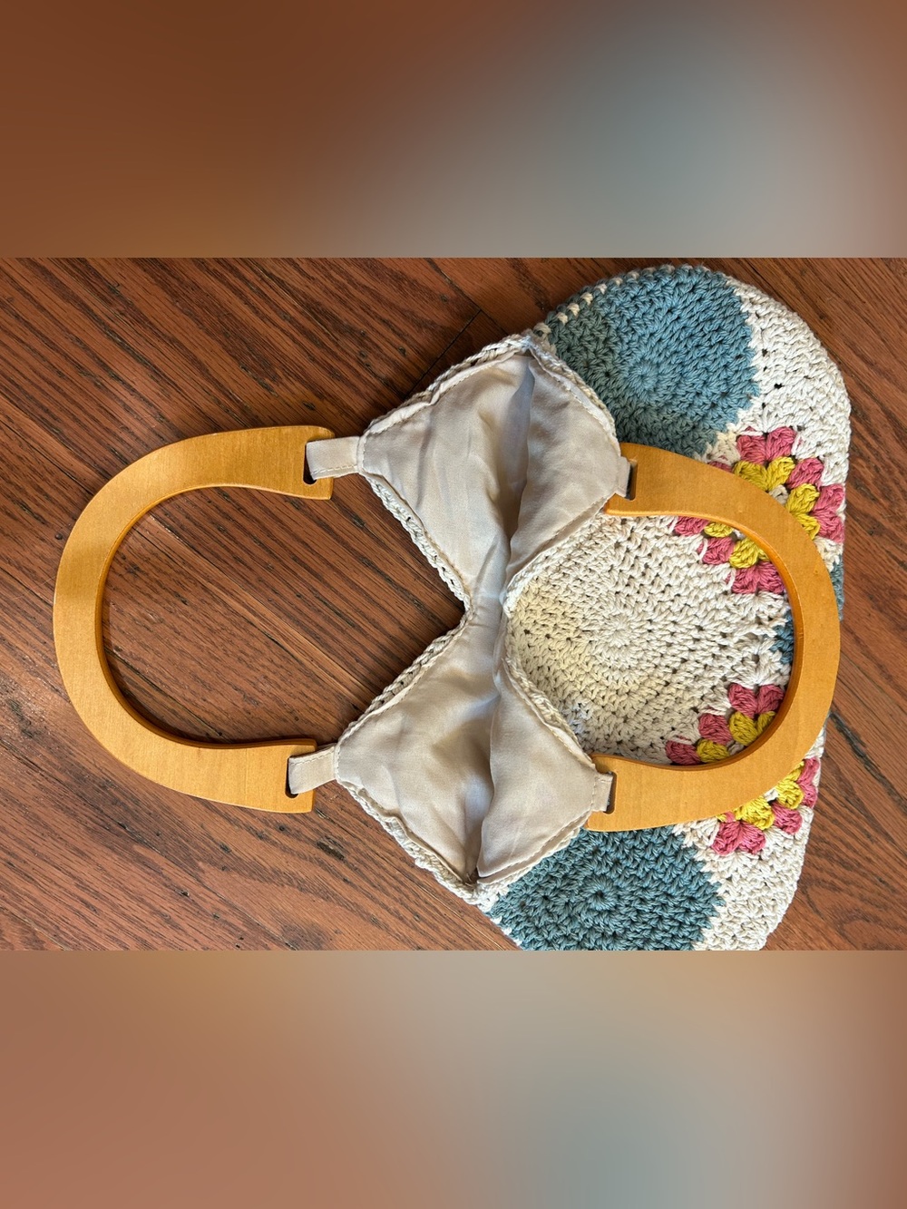 Crochet Granny Square Floral Handbag Wood Handle Lined Boho Purse Cottagecore - Picture 6 of 9